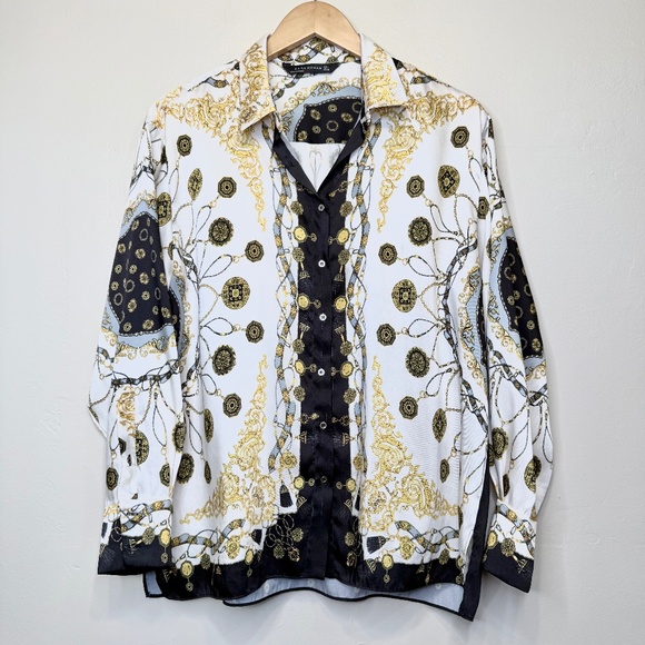 ZARA | Monogram Baroque Chain Pattern Button Front Collared Long Sleeve Blouse - Picture 3 of 16